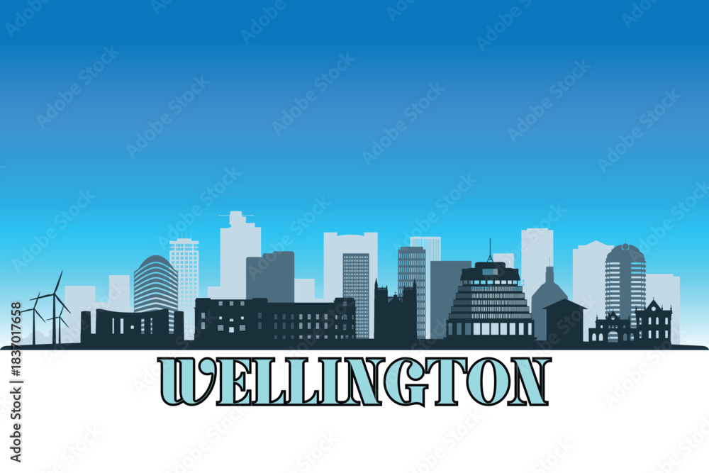Naklejka premium Global city Wellington shown in a detailed vector skyline with a bright blue sky