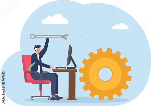 helpful man with headset talking with customer help solve computer problem.
