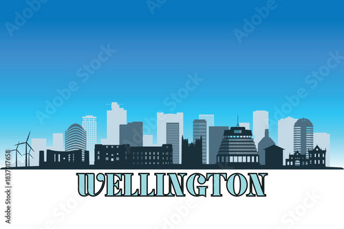 Global city Wellington shown in a detailed vector skyline with a bright blue sky