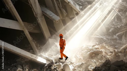 Rescue workers swiftly evacuate survivors, navigating shattered debris as the collapsed house crumbles into ruin.