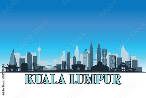 Global city Kuala Lumpur shown in a detailed vector skyline with a bright blue sky
