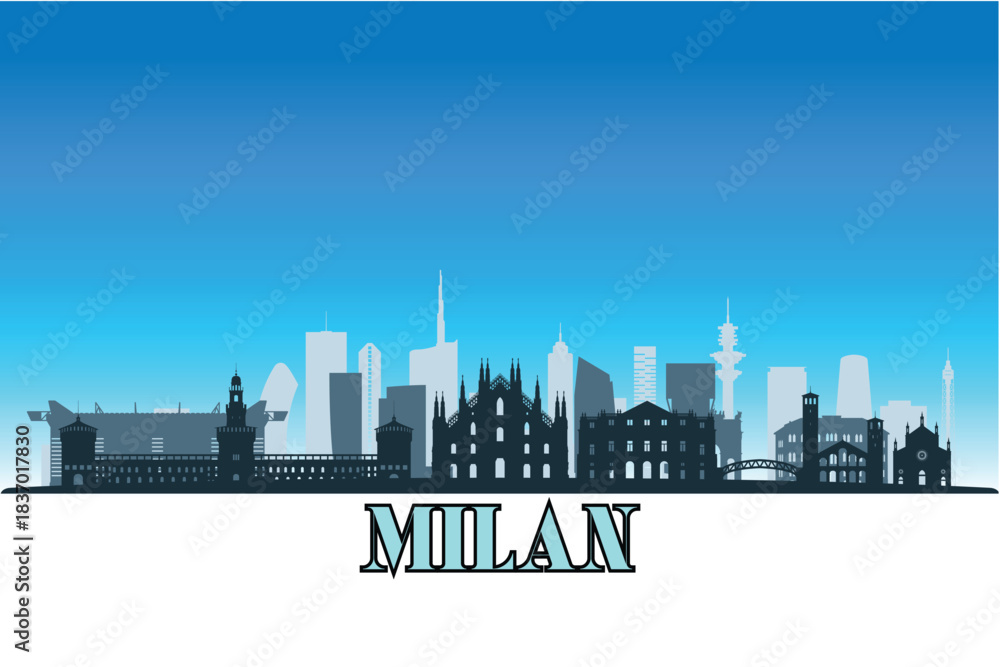 Fototapeta premium Global city Milan shown in a detailed vector skyline with a bright blue sky
