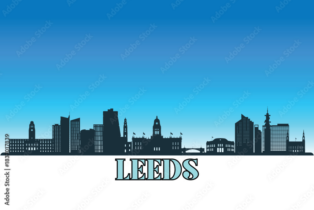 Naklejka premium Global city Leeds shown in a detailed vector skyline with a bright blue sky