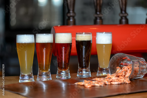 Five glasses of different beers on a table with shrimps