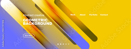 Abstract geometric background. Yellow, blue gradients create modern design. Text elements present work, about, portfolio, contact options.