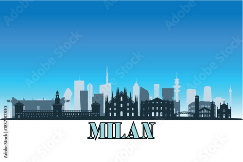Global city Milan shown in a detailed vector skyline with a bright blue sky