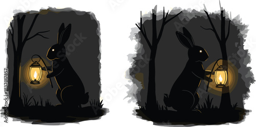 Rabbit silhouettes with glowing lanterns in forest, whimsical night exploration scene, storytelling concept, cad drawing flat vector illustration