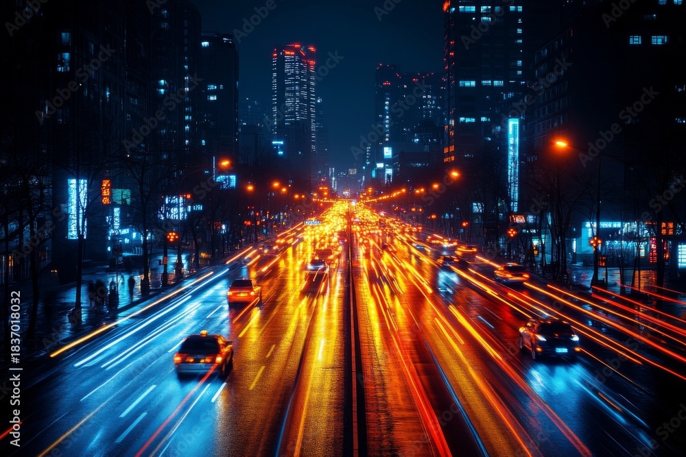 Fototapeta premium Urban Street With Light Trails At Night