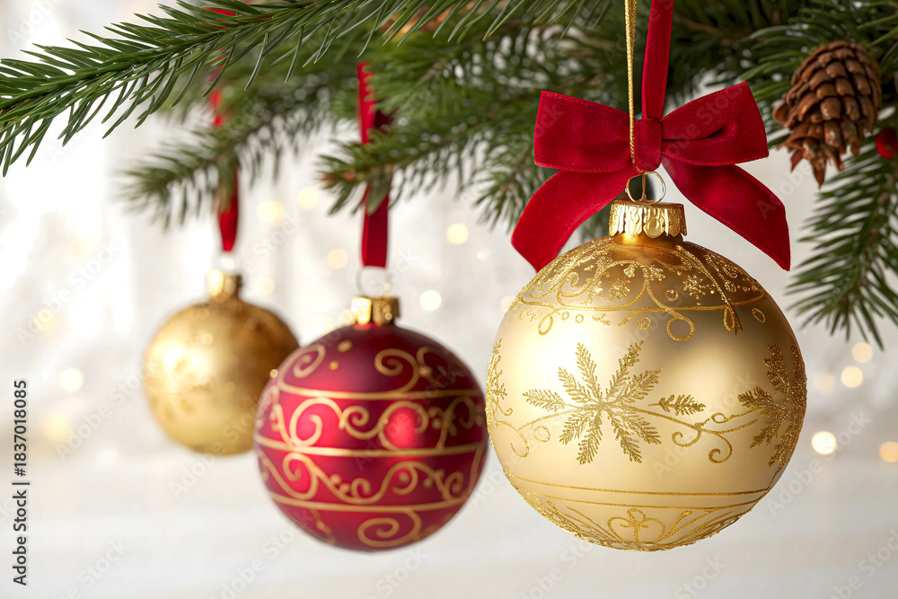 Fototapeta premium Red glass holiday baubles hanging on a green pine tree branch for Christmas decoration