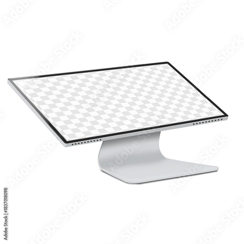 Tabletop touch screen self-service digital kiosk. Realistic 3d vector mockup. Isolated countertop flat panel LCD monitor. Mock-up. Interactive touchscreen display stand. Template for design