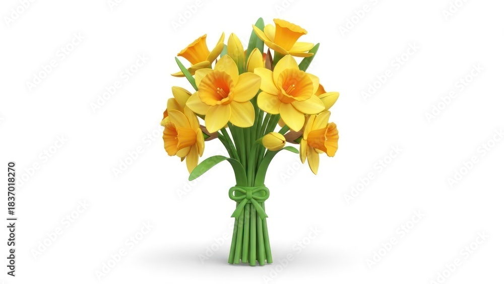 Obraz premium A bouquet of yellow daffodils with green stems and leaves, tied with a green ribbon.