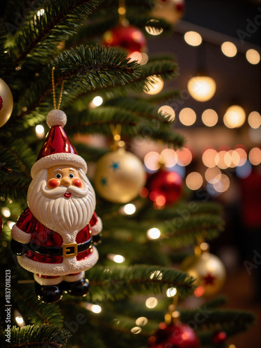 Christmas tree adorned with a ceramic Santa Claus ornament
