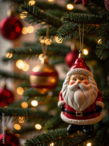 Christmas tree adorned with a ceramic Santa Claus ornament