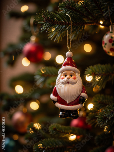 Christmas tree adorned with a ceramic Santa Claus ornament