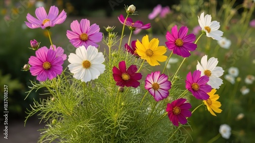 Fototapeta Naklejka Na Ścianę i Meble -  A vibrant flower arrangement with a mix of colorful cosmos flowers in a garden setting.