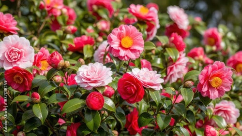 A vibrant display of pink and red camellia flowers in full bloom, set against a lush green background.