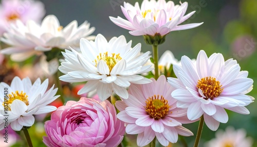 A vibrant, close-up shot of a cluster of pink and white daisy-like flowers with golden centers, softly blurred background