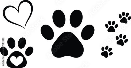 Paw prints and heart symbols, pet love and animal care design