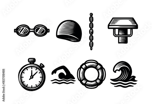 A set of vector elements depicting swimming pool facilities and equipment in black and white — stock vector.
