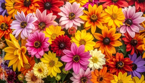 A vibrant collection of various colored daisy-like flowers creates a beautiful and colorful floral arrangement