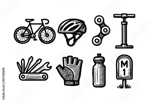 Hand-drawn icons depicting essential cycling equipment and accessories, including a bicycle, helmet, pump, and repair tools — stock vector.