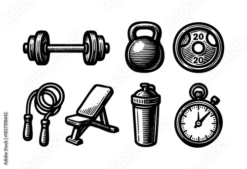 A set of vector icons representing fitness equipment in a woodcut style — stock vector.