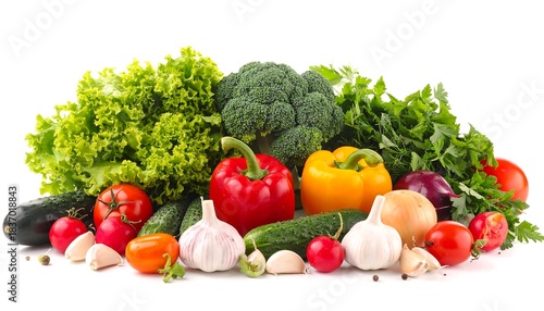 Abundance of fresh vegetables in vibrant colors arranged on a white surface in a well-lit, balanced composition