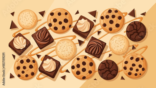 Delicious assortment of chocolate chip cookies, brownies and various biscuits on caramel drizzle background, concept for bakery menu design, dessert advertisement and sweet treat promotion