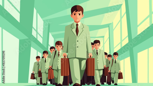 Group of determined businessmen in suits carrying briefcases walking confidently in modern hall, concept for corporate leadership, business journey and professional development