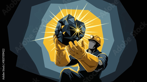Illustration of a miner in a hard hat holding a glowing raw mineral in a mine shaft, concept for mining industry, energy production and resource extraction