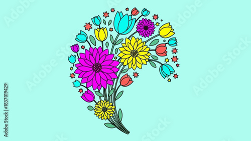 Vibrant graphic illustration of a colorful flower bouquet with diverse blooms and star accents on a light background, concept for greeting cards, digital art and spring designs