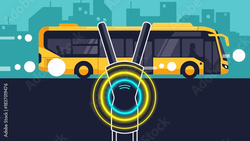 Yellow bus with city background, a prominent Wi-Fi router broadcasting signal in foreground, concept for mobile connectivity, smart city transportation and public internet access