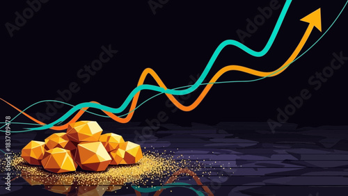 Golden polygonal nuggets and glitter on dark surface with upward trending lines and arrow, concept for finance presentation, investment growth and economic development