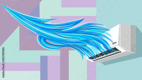 An air conditioner blows refreshing blue air streams on a pastel geometric background, concept for cooling solutions, climate control advertising and comfort technology