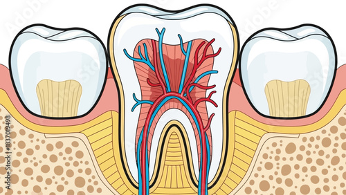 Detailed anatomical illustration of a human tooth showing internal pulp, nerves and blood vessels, concept for dental education, healthcare advertising and medical infographics