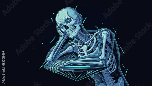 Stylized blue skeletal figure leaning on a glowing disc in a thoughtful pose on dark background, concept for digital art, technology illustration and music events