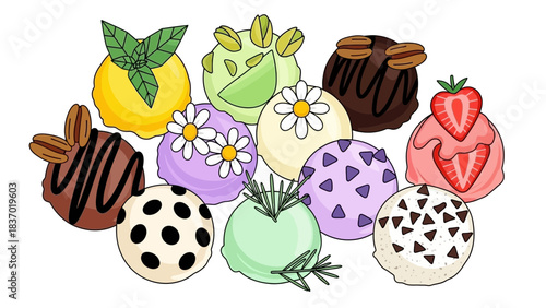 Colorful assorted ice cream scoops or truffles with various toppings and flavors on white background, concept for dessert menu design, sweet treat promotion and confectionery branding