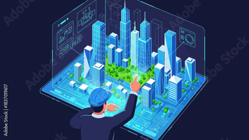 Professional engineer managing a digital urban plan with skyscrapers and parks on display, concept for urban planning, smart infrastructure and future architecture