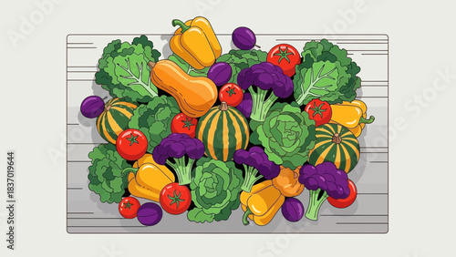 Vibrant cartoon illustration of fresh colorful vegetables like broccoli, peppers, tomatoes and squash on a board, concept for healthy eating promotion, culinary recipe design and grocery advertisement