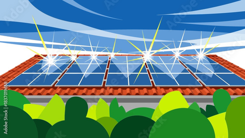 Cartoon illustration of shining solar panels on a red tiled roof under a blue sky, concept for renewable energy, sustainable living and eco-friendly technology