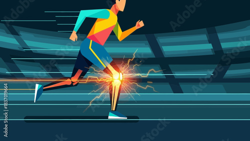 Runner experiencing severe knee pain during athletic activity with glowing joint illustration, concept for sports medicine, physical therapy and joint health awareness