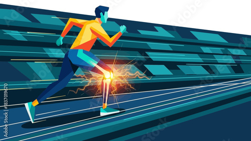 A geometric runner experiences sharp knee pain during physical activity on a modern track, concept for health advertising, sports medicine and injury prevention campaigns