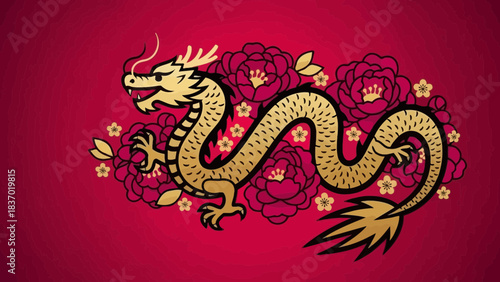 A golden Chinese dragon with red peony flowers and blossoms on a textured crimson background, concept for greeting cards, cultural marketing and prosperity symbolism