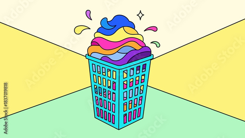 A vibrant illustration of a laundry basket overflowing with colorful clothes and splashes, concept for cleaning services promotion, household organization and vibrant lifestyle content