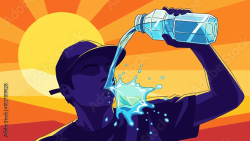 Vibrant graphic illustration of a person drinking water from a bottle under hot sun, concept for hydration campaigns, summer marketing and healthy lifestyle promotion