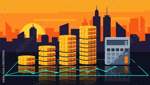 Increasing stacks of gold euro coins, financial graph and calculator with city skyline background, concept for financial planning, investment strategy and economic growth