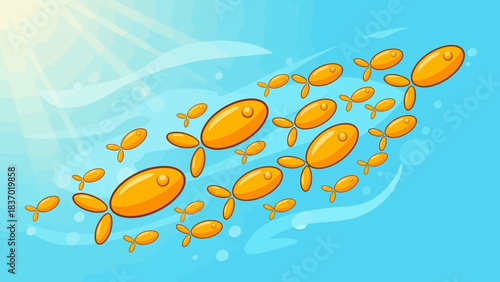 A vibrant school of stylized orange fish gracefully swimming in clear blue sunlit water, concept for healthy nutrition, ocean conservation and educational content