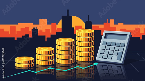 Golden dollar coin stacks show financial growth with an upward arrow and calculator, city backdrop, concept for financial planning, investment strategy and business analysis