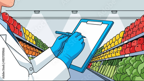 Person in lab coat and blue gloves inspects fresh produce with a clipboard in a supermarket aisle, concept for food inspection, inventory management and healthy eating campaigns