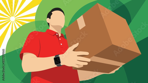 Faceless person in red polo shirt wearing a smartwatch holding a large brown cardboard box, concept for delivery service, online shopping and logistics business
